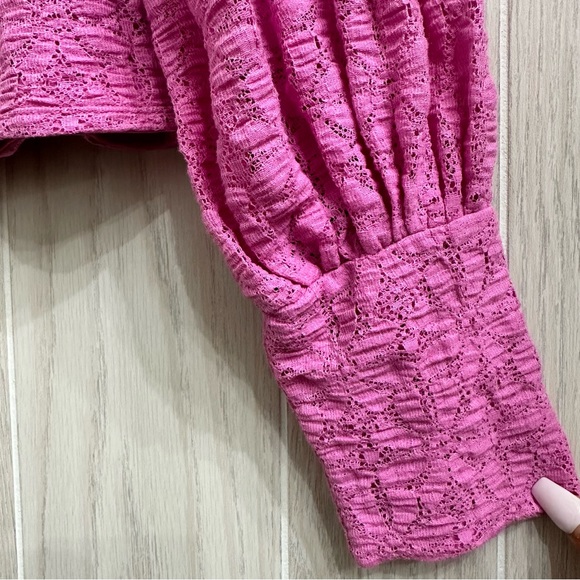 Free People Tea Time Top Plumeria Open Back Floral Lace Balloon Sleeves Size L - Picture 7 of 15